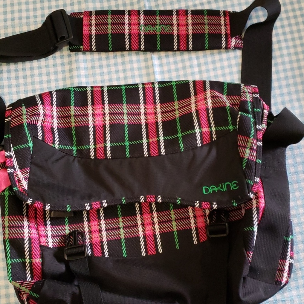 Dakine Black Plaid Laptop Messenger Bag with Pink & Green Accents